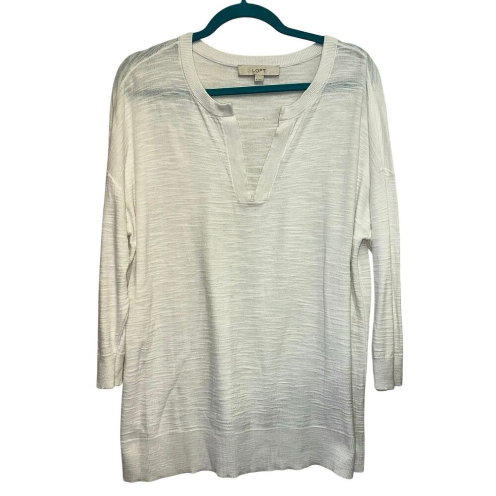 Loft White Cotton Split Neck Medium Lightweight K… - image 1